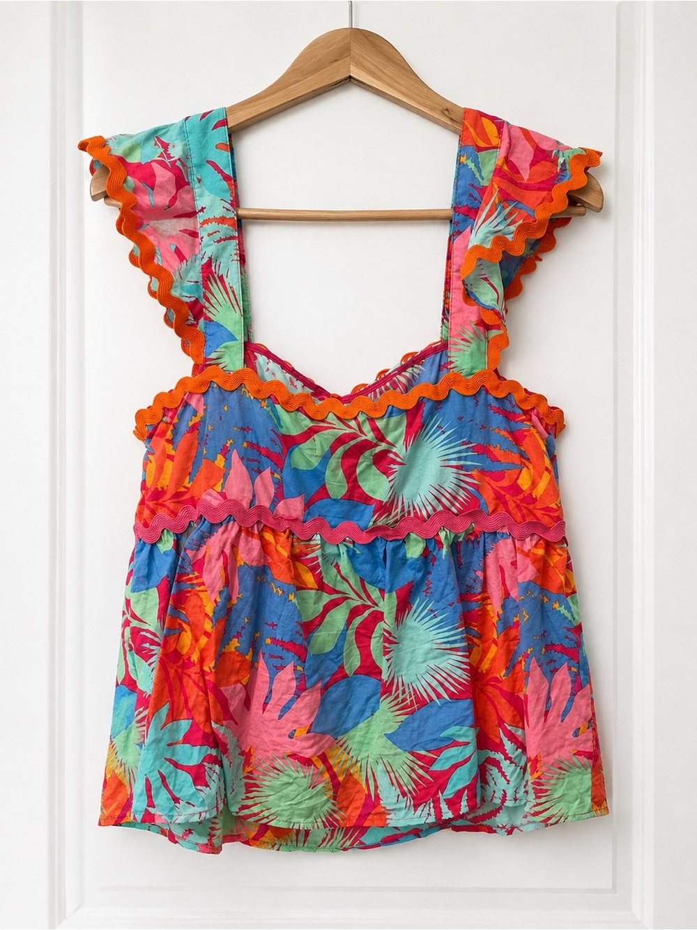 Anthropologie Greylin Multicolor Tropical Ruffle-Trim Tank Top 100% cotton